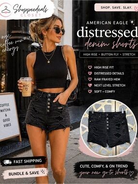 American Eagle Black Distressed High Rise Button Fly Denim Shorts Size 6